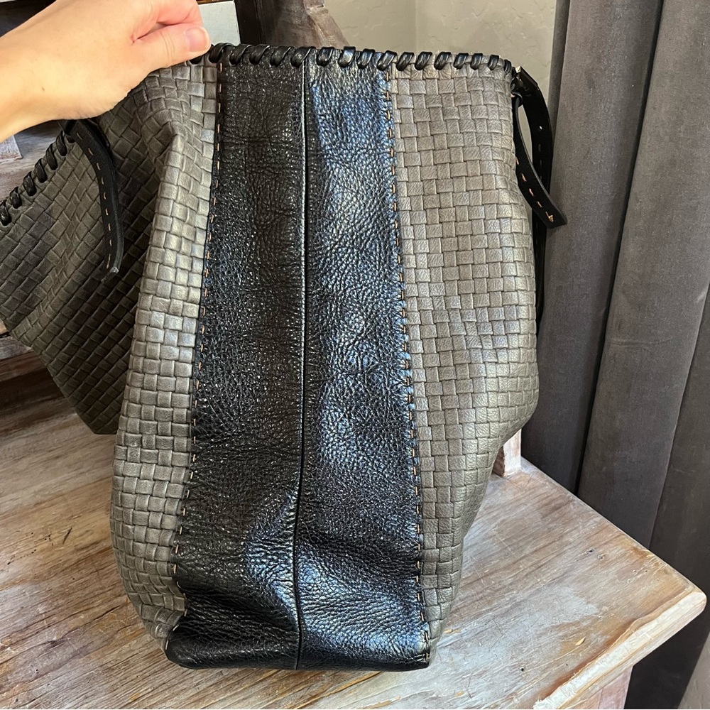 🖤🩶 Carla Mancini Large Leather Woven Tote Bag Purse Black Grey Whipstitch - Picture 4 of 15